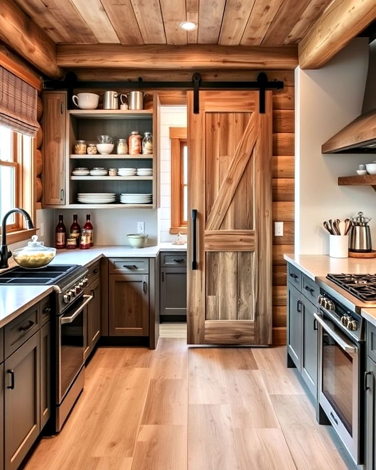 barn door pantry in a log cabin kitchen