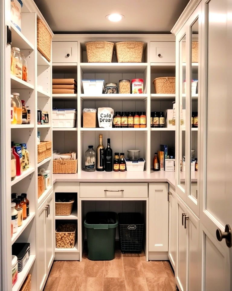 basement pantry with shelves and cabinets