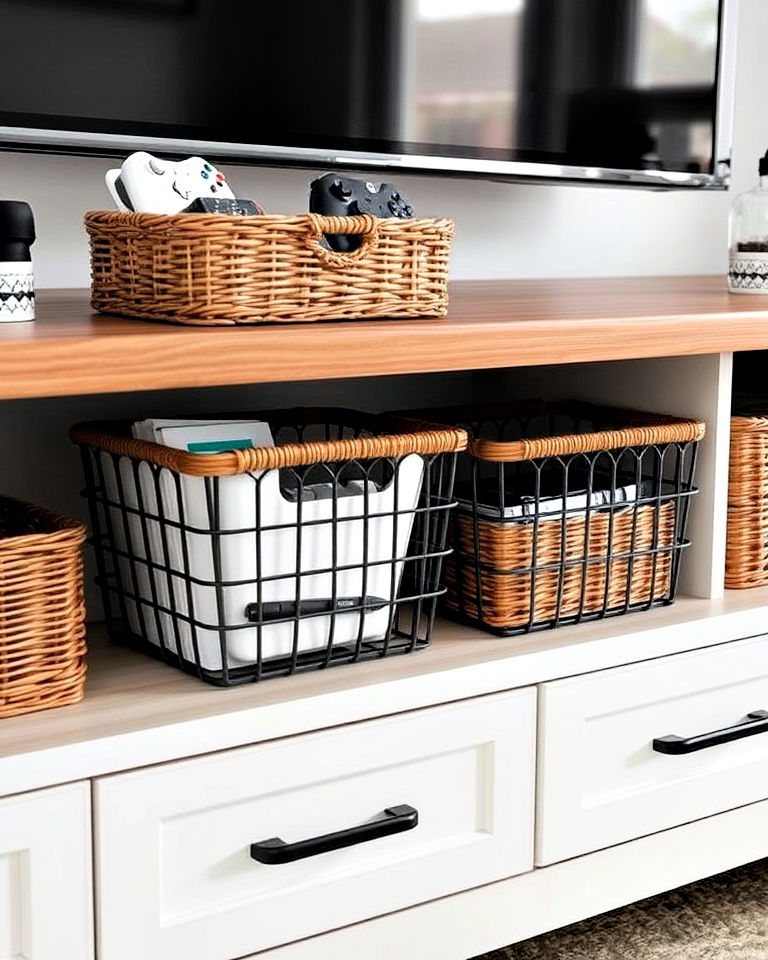baskets to store remotes or dvds on your tv console