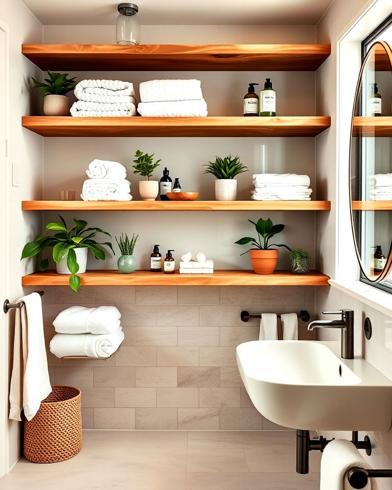 bathroom open shelving for organic interior