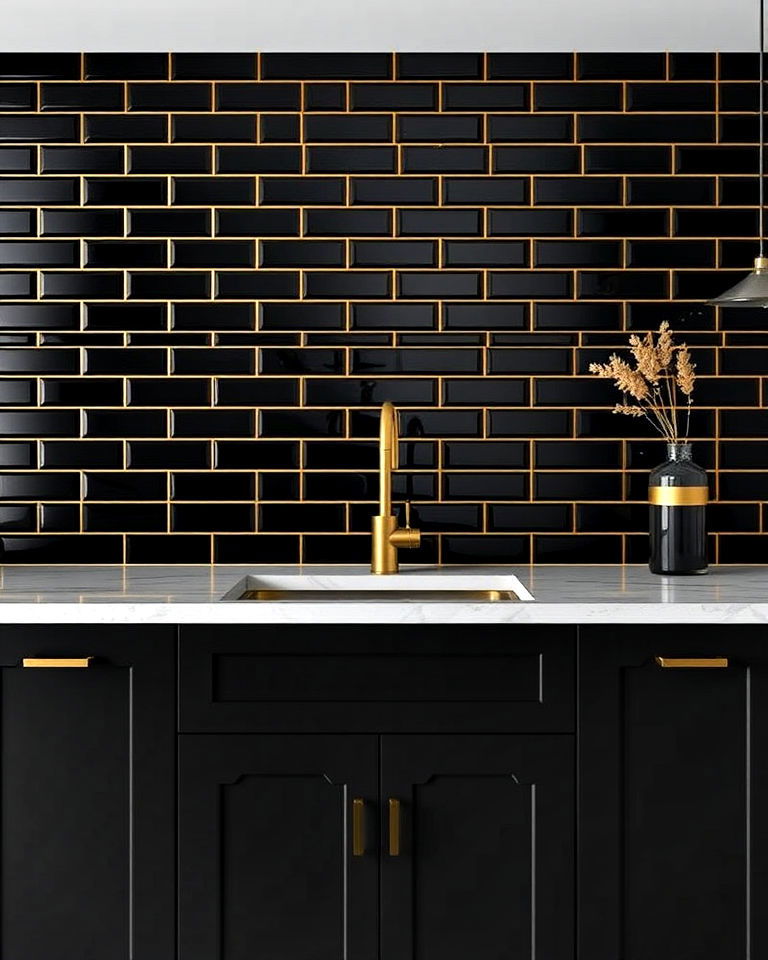 beautiful black subway kitchen tile with gold grout