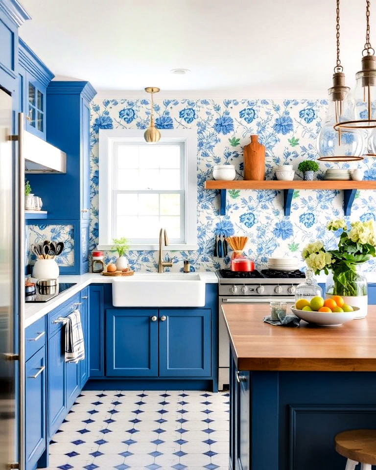 beautiful blue and white floral kitchen wallpaper