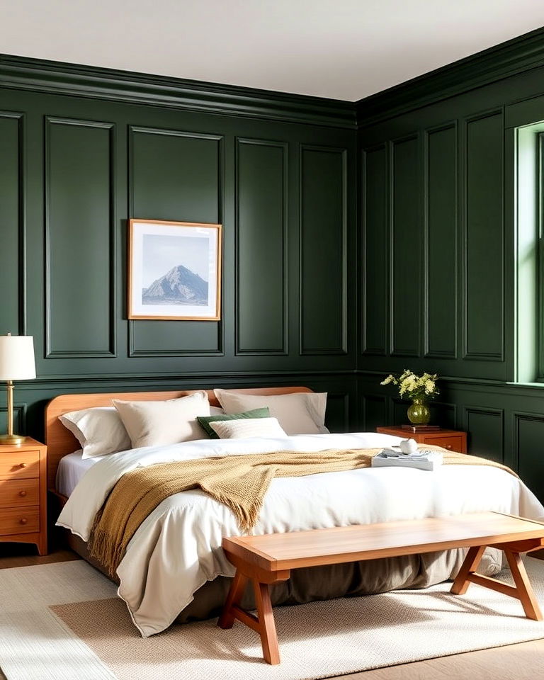 bedroom dark green wainscoting with neutral accents