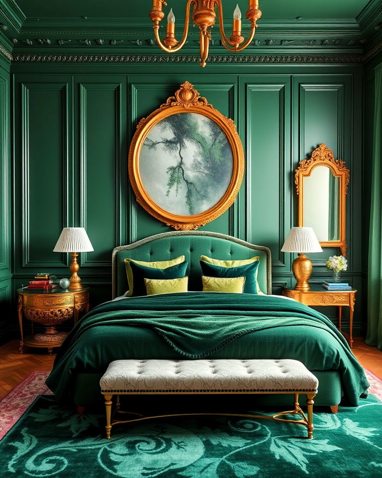 bedroom forest green paneling with gold accents