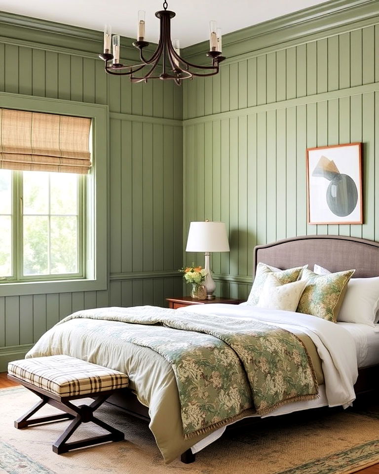 bedroom green board and batten paneling