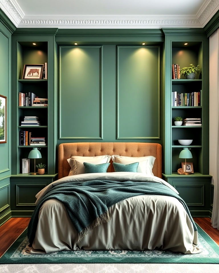 bedroom green paneling around built in shelving