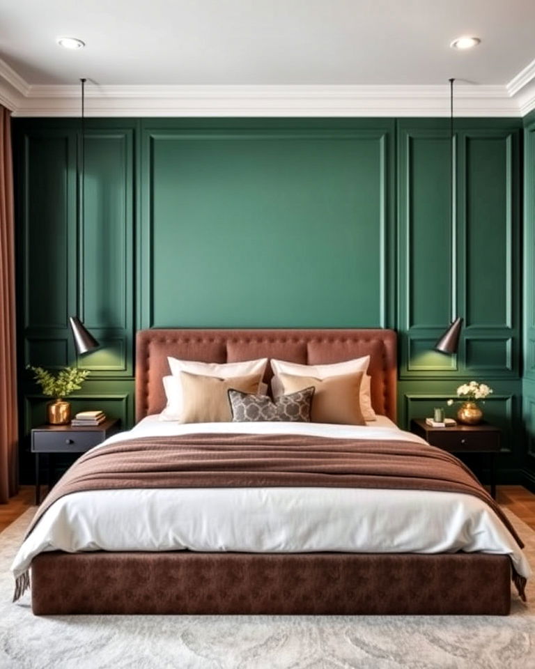 bedroom green paneling as an extended headboard