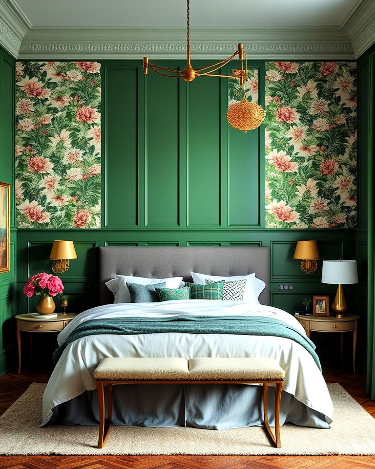 bedroom green paneling with bold patterns
