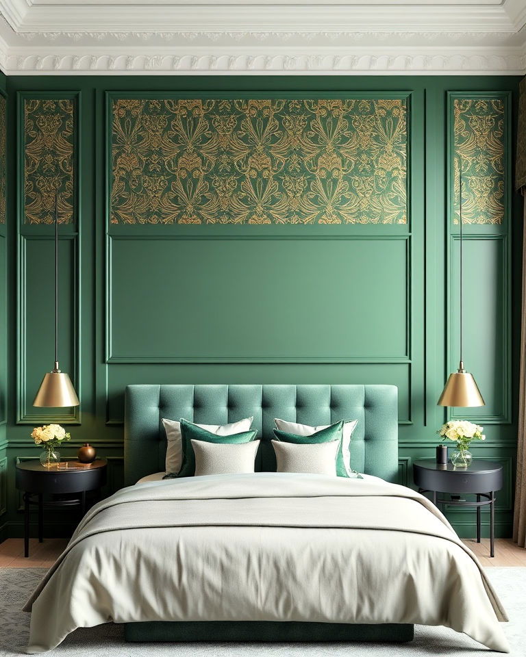 bedroom layered green paneling with textured wallpaper