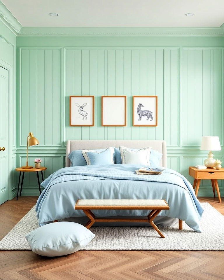 bedroom mint green paneling with pastel accents