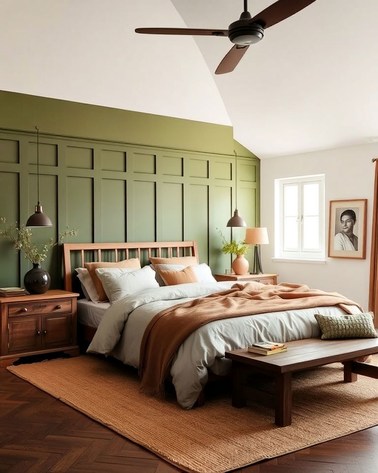 bedroom olive green paneling with earthy decor