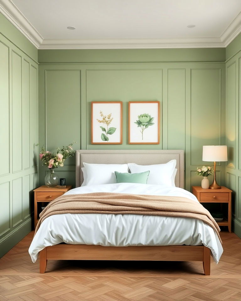 bedroom sage green paneling with floral decor