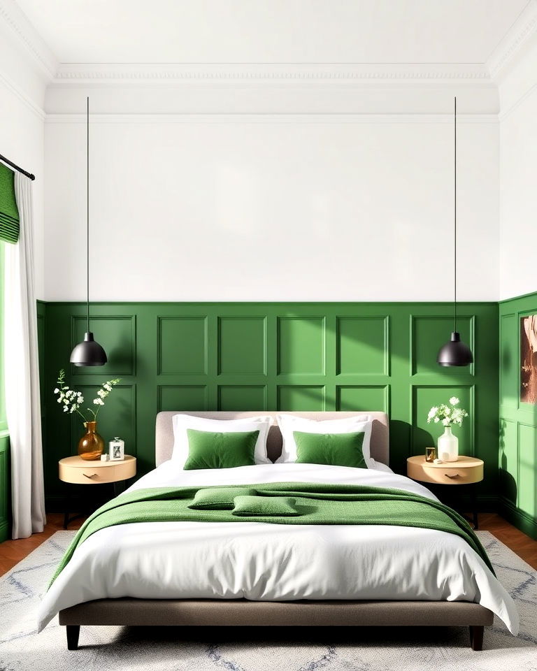 bedroom two tone green and white paneling