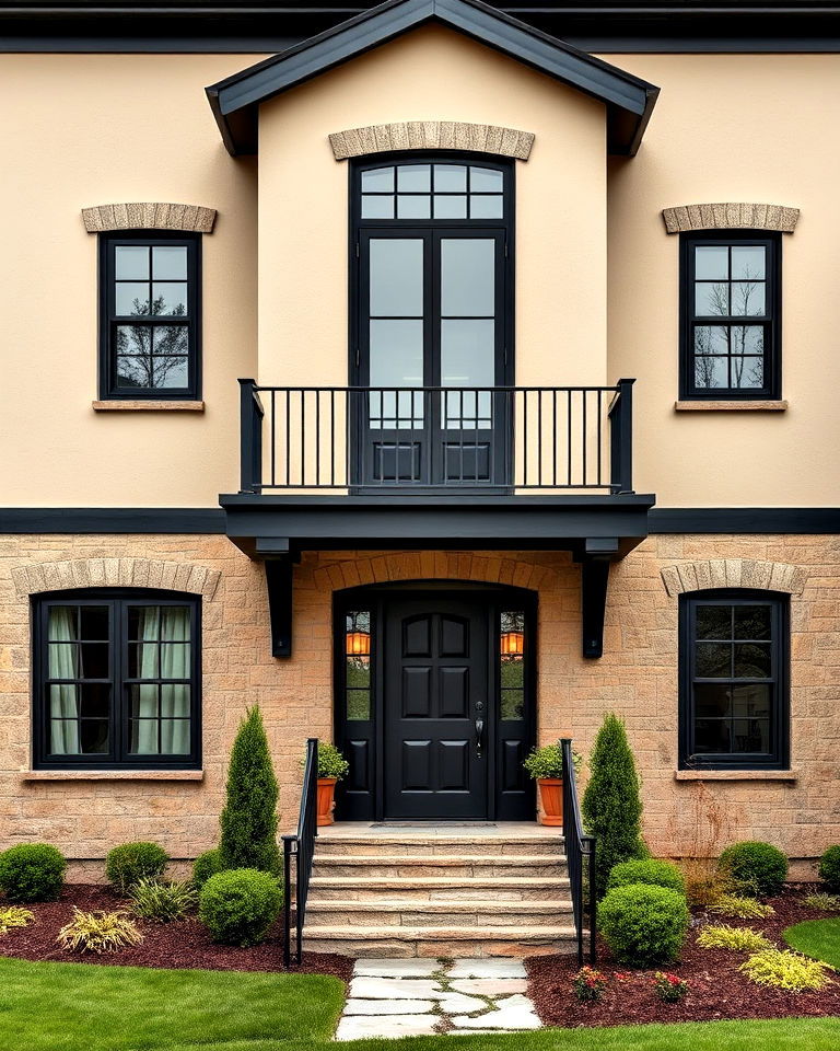 beige and black with stone accents