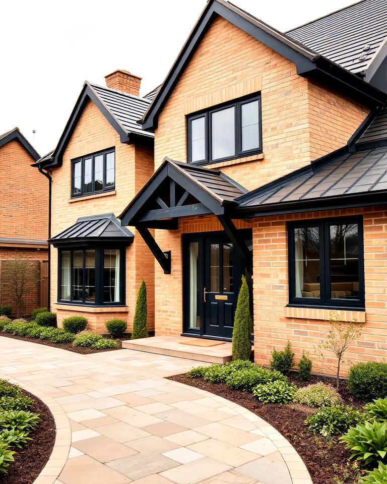 beige brick with black roofline
