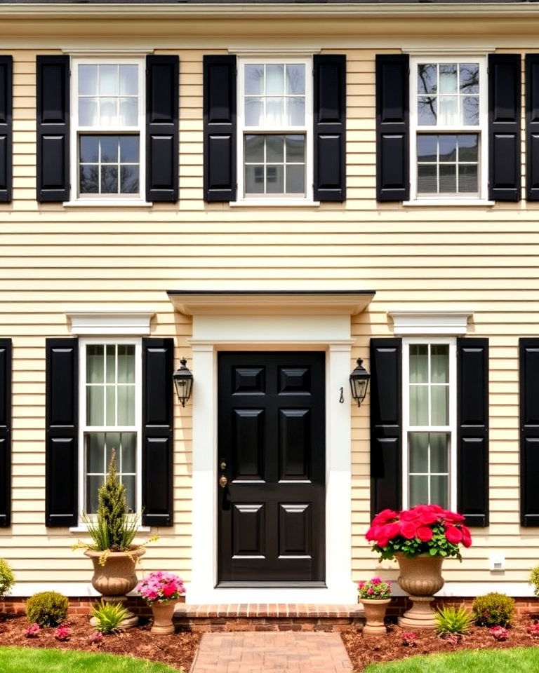 beige clapboard siding with black shutters