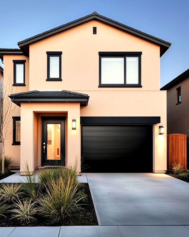 beige exterior with black accent walls