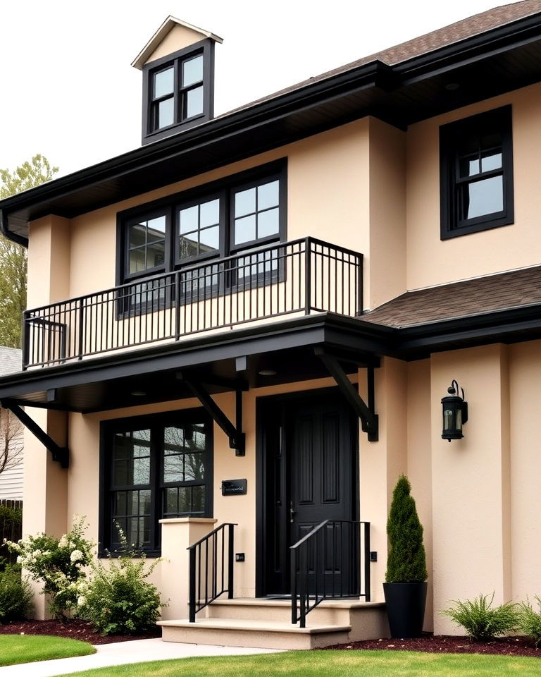 beige facade with black architectural accents