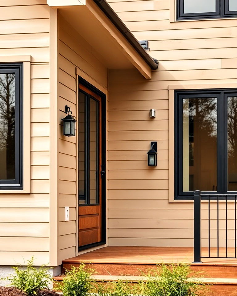 beige horizontal planks with black windows