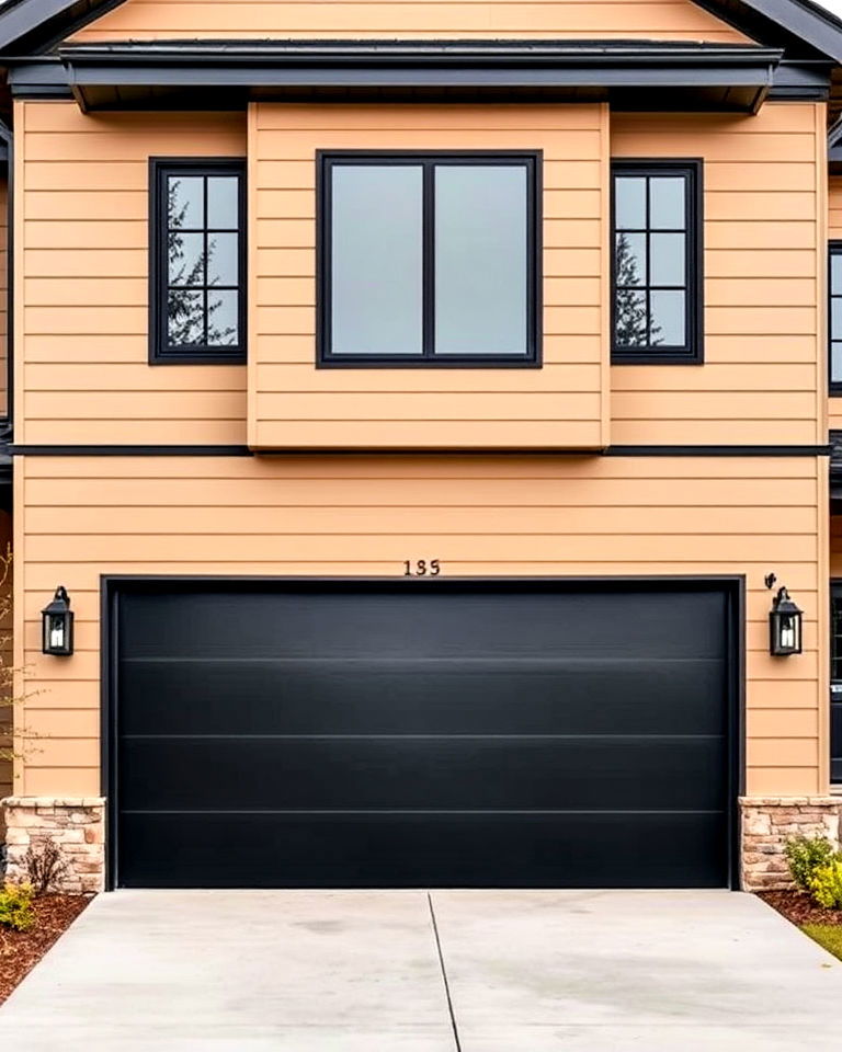 beige siding with black garage doors