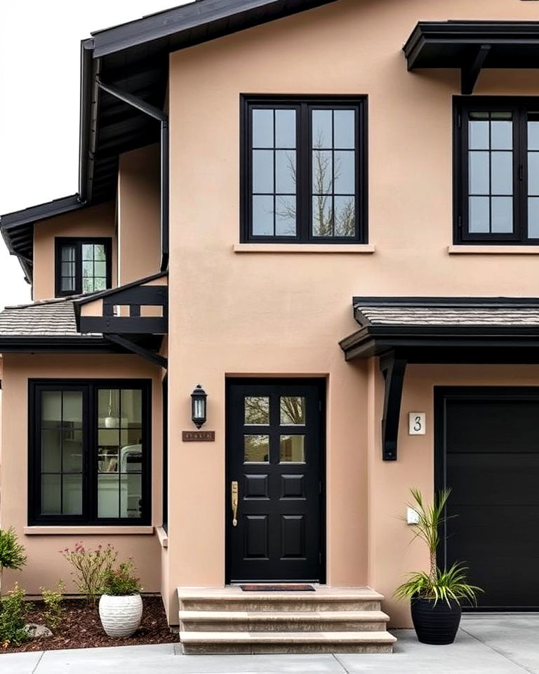 beige stucco and black steel accents