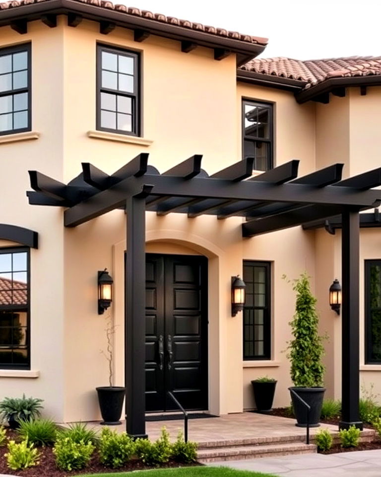 beige stucco with black pergola
