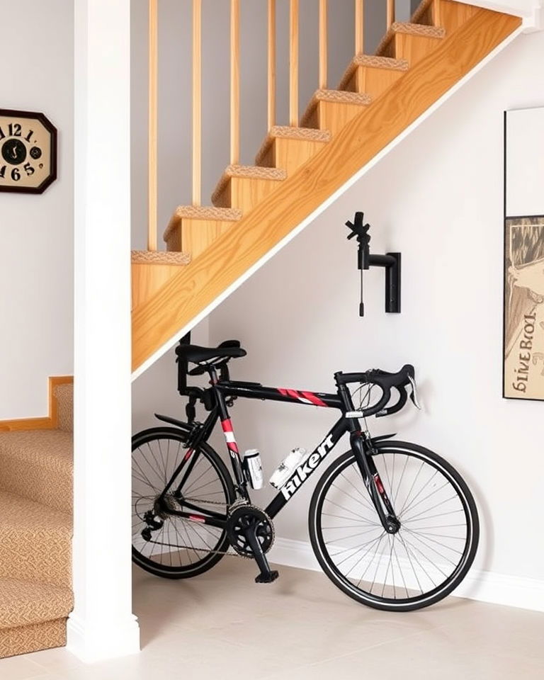 bike storage rack under the stairs