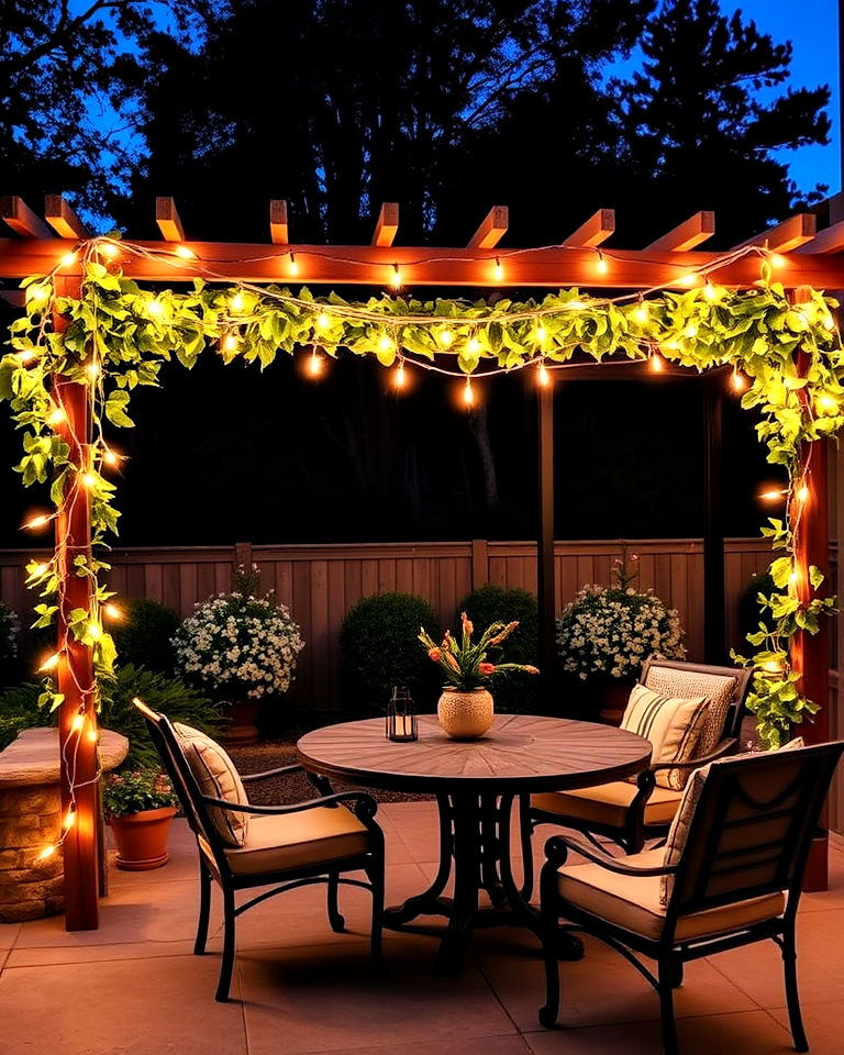 bistro string lights on trellis for a stylish border