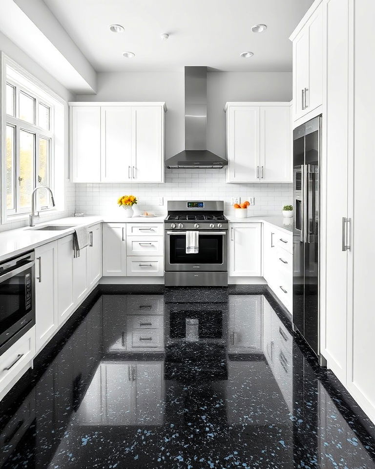 black and blue terrazzo kitchen flooring