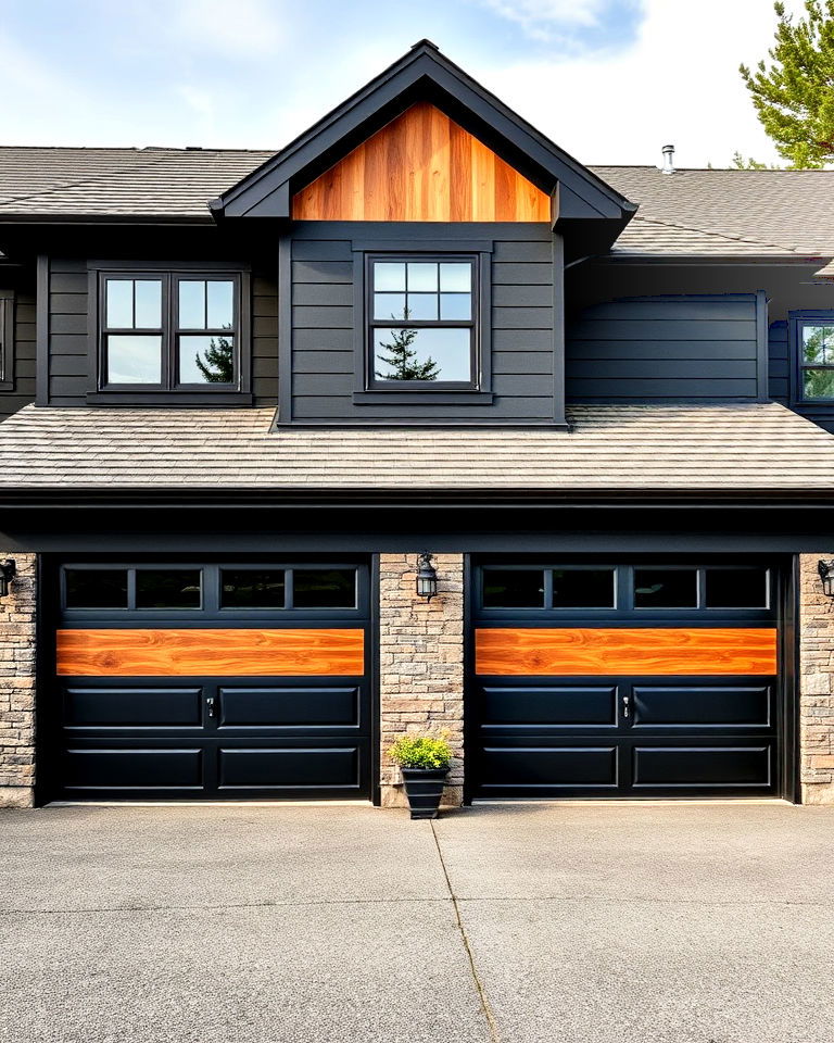 black and cedar accent strips on garage doors