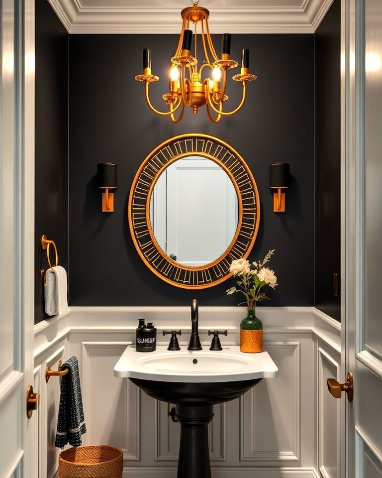 black and gold lighting accents powder room