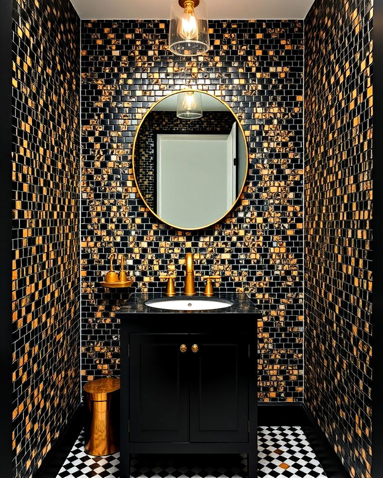 black and gold mosaic tile wall powder room