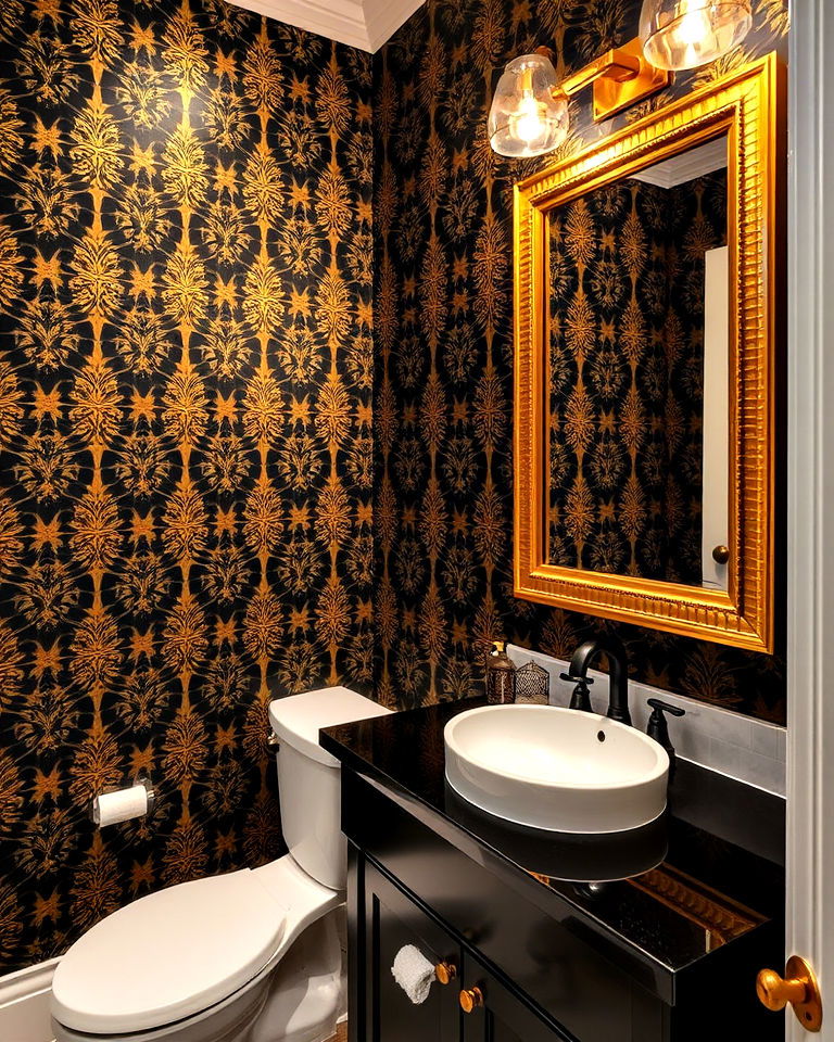 black and gold wallpaper glam powder room