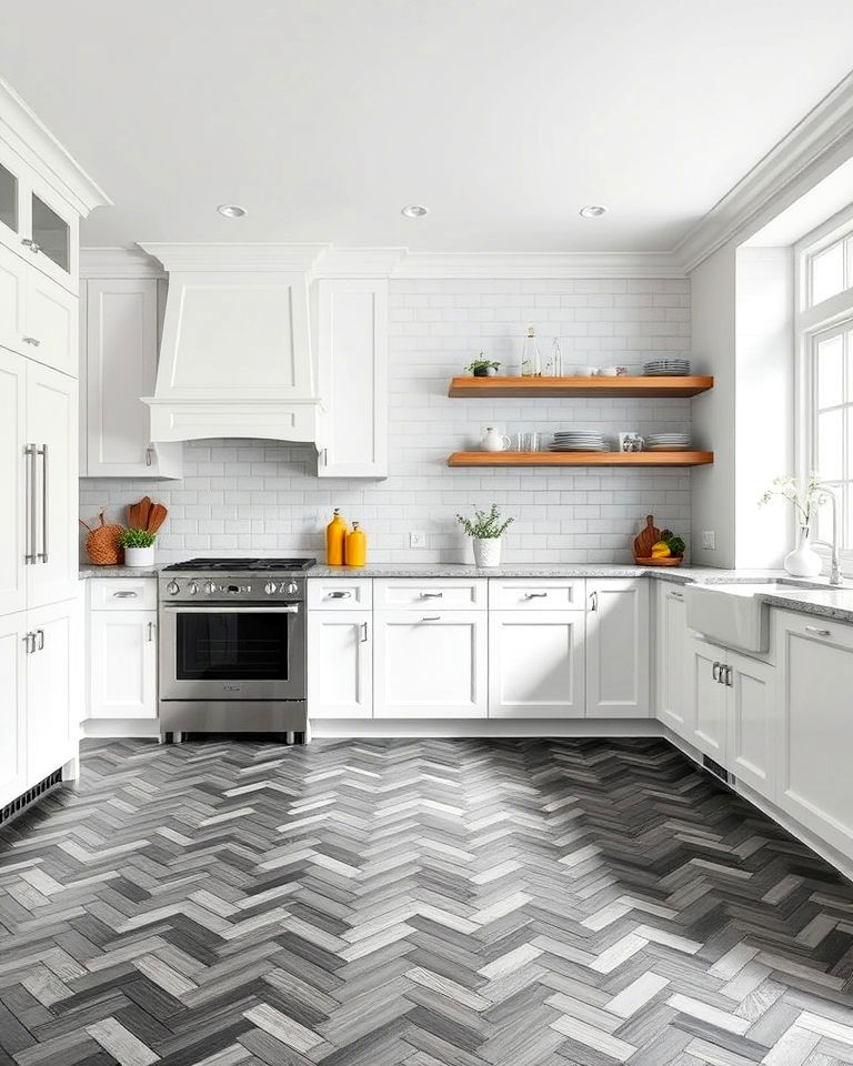 black and gray herringbone patterned kitchen flooring