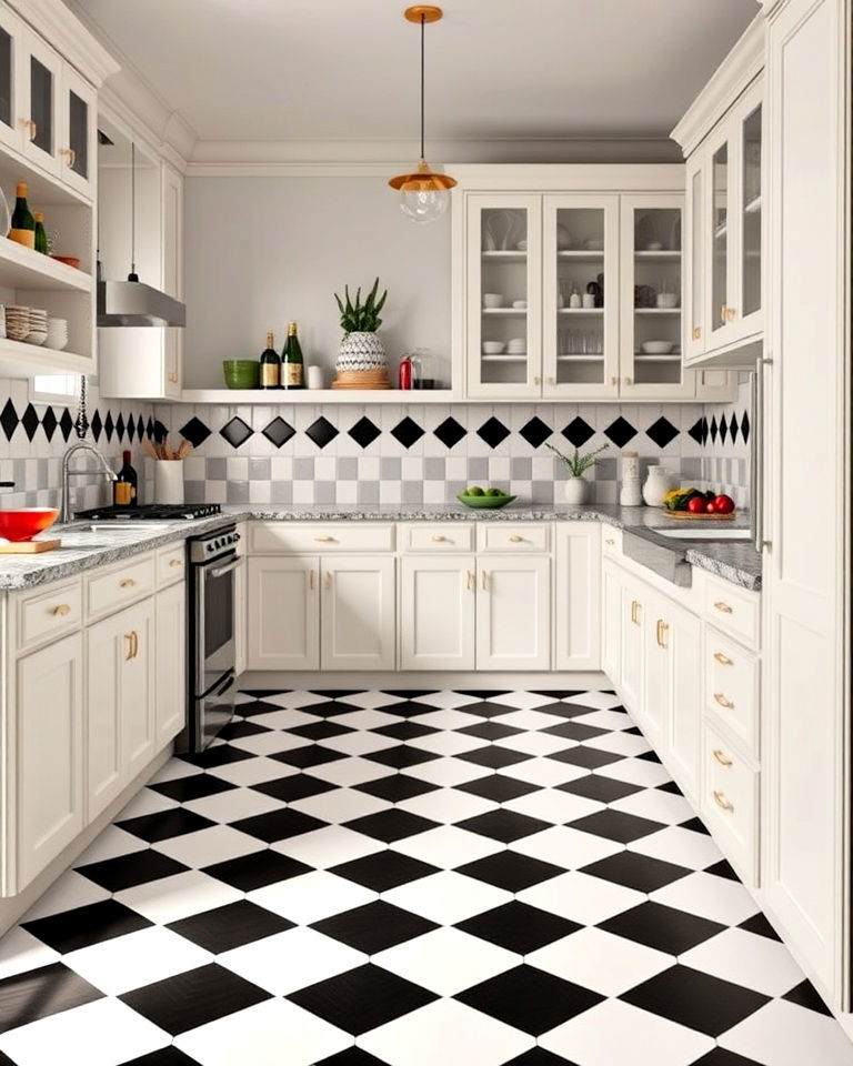 black and white checkered kitchen flooring