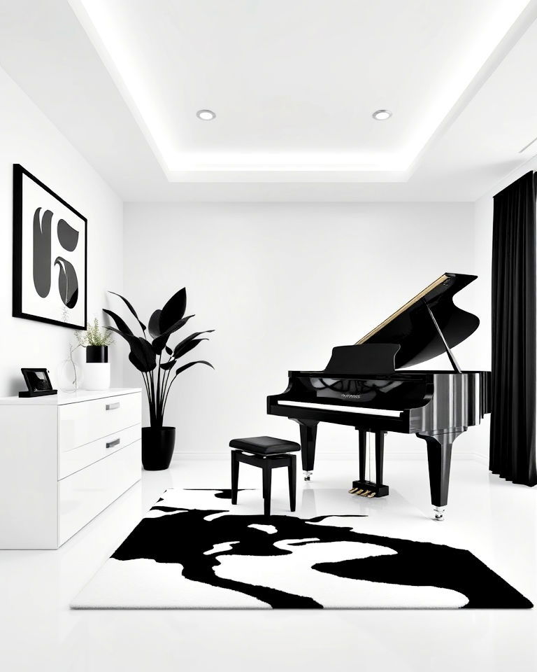 black and white contrast piano room