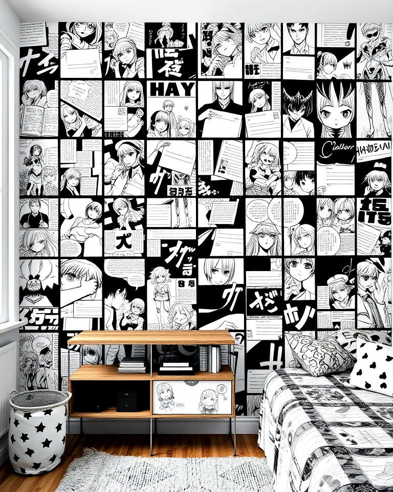 black and white manga wall collage