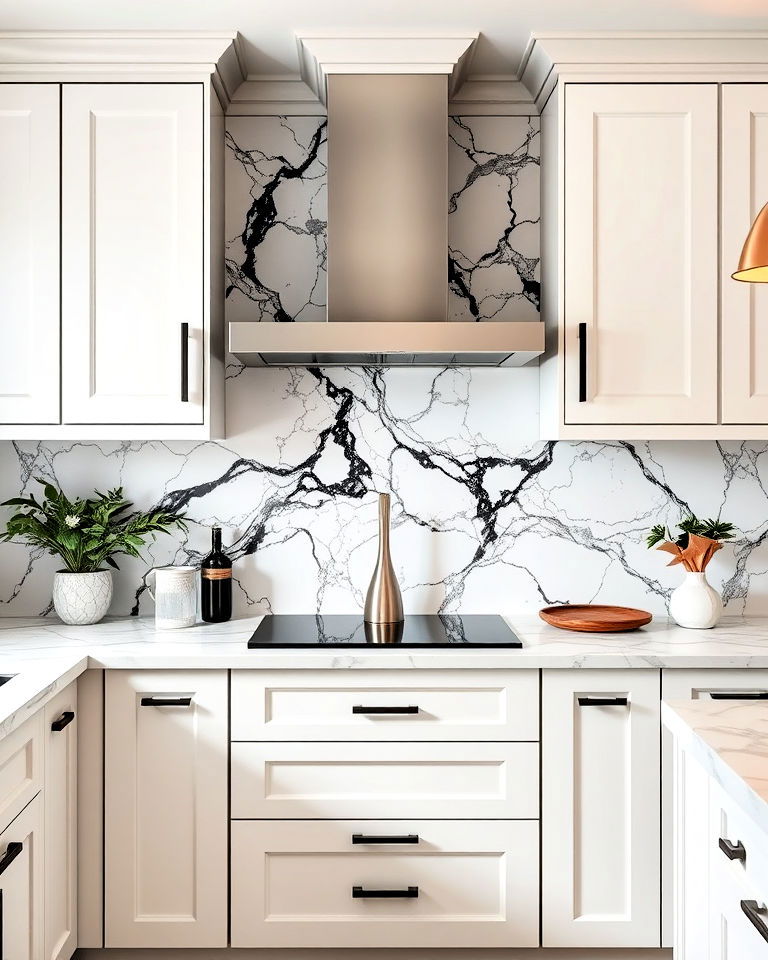 black and white marble backsplash