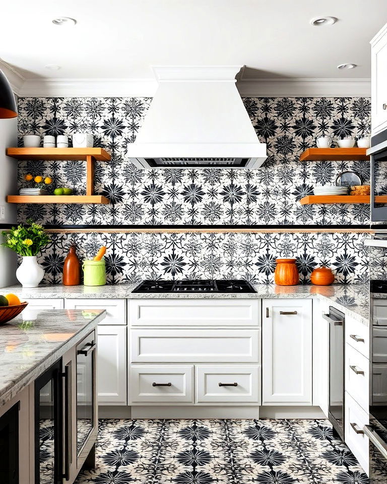 black and white moroccan tiles backsplash