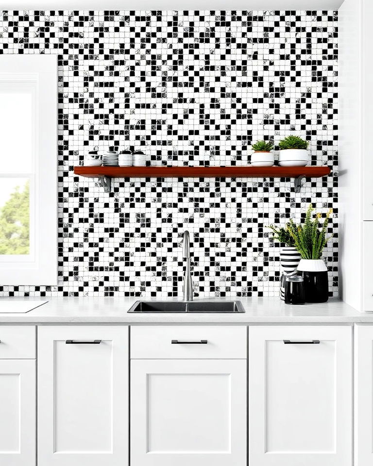 black and white mosaic tiles backsplash
