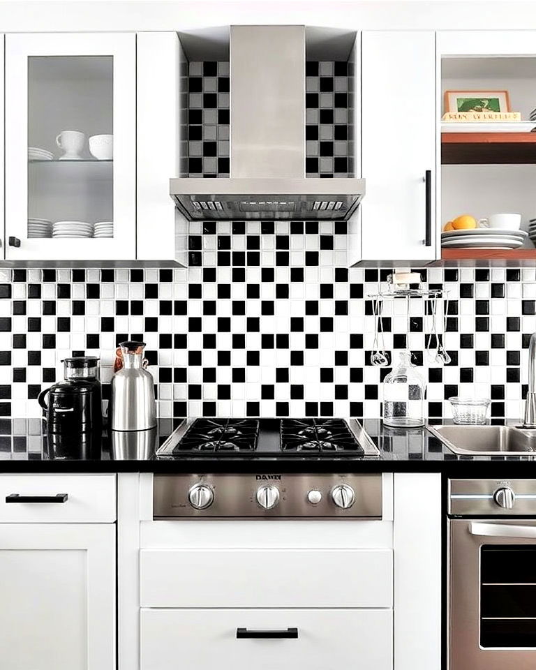 black and white small square tiles backsplash