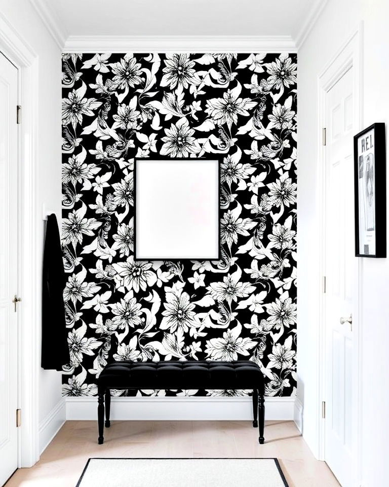 black and white wallpaper accent wall for any hallway