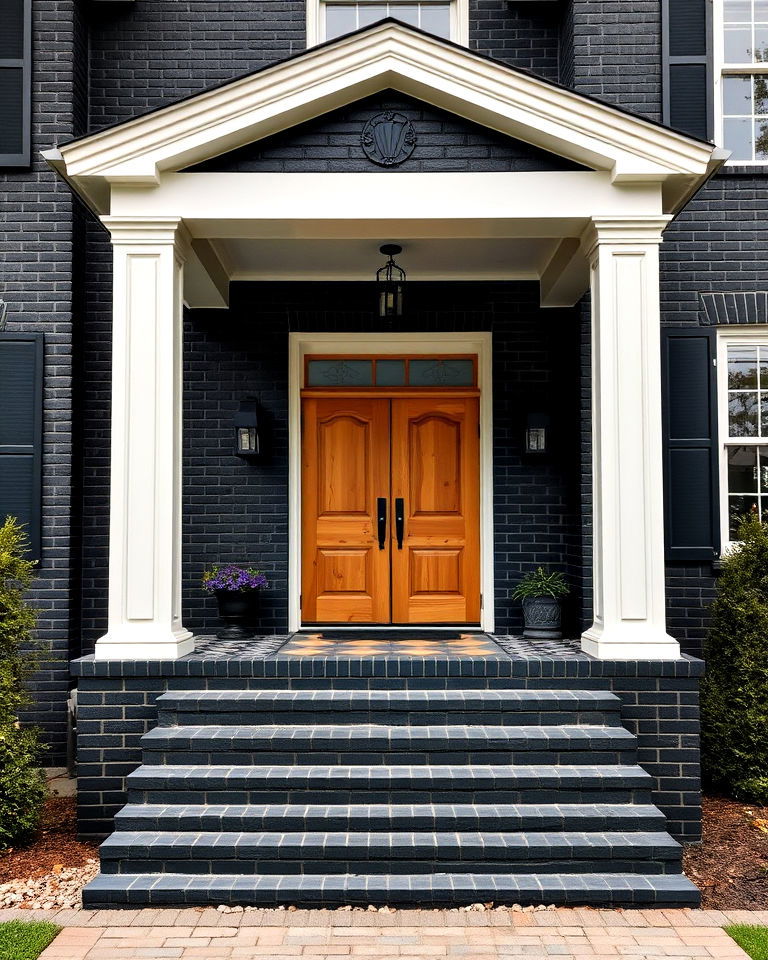 black brick exterior house with a dramatic porch design