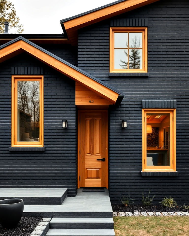 black brick exterior with warm wood elements
