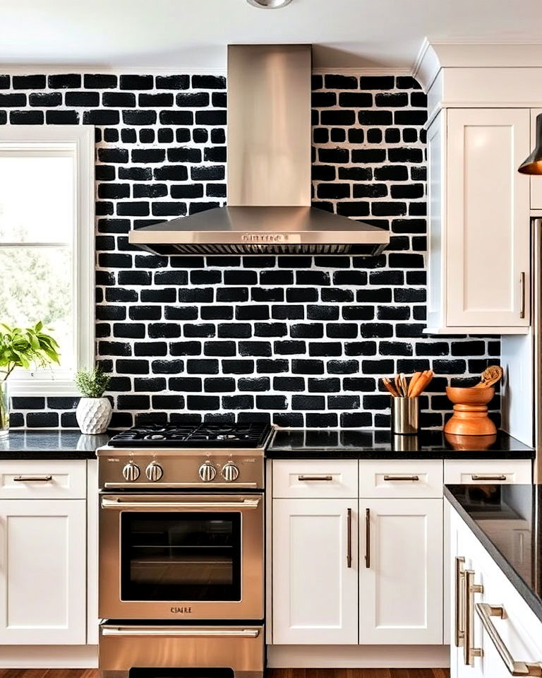 black brick style tiles backsplash with white grout