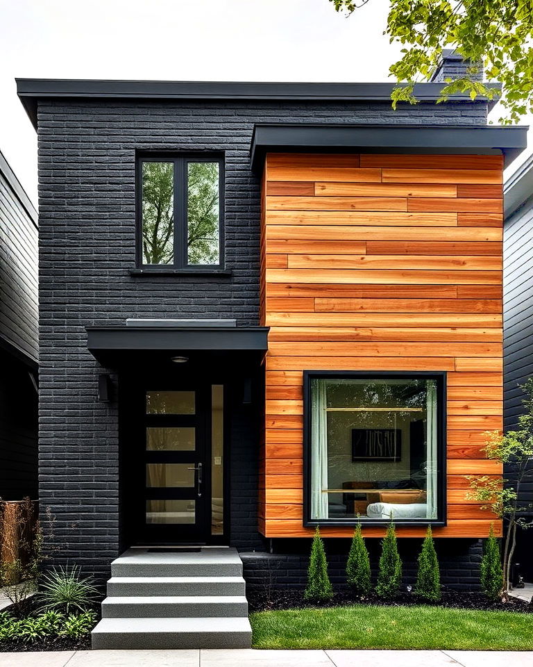 black brick with horizontal cedar panels