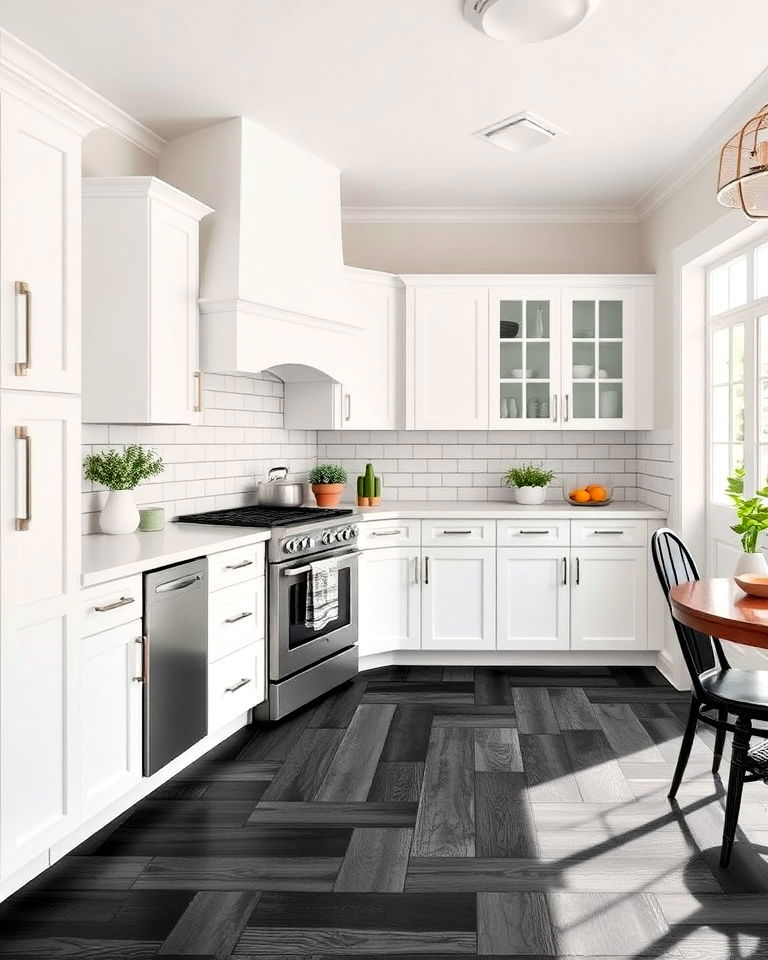 black ceramic wood look tiled kitchen floor