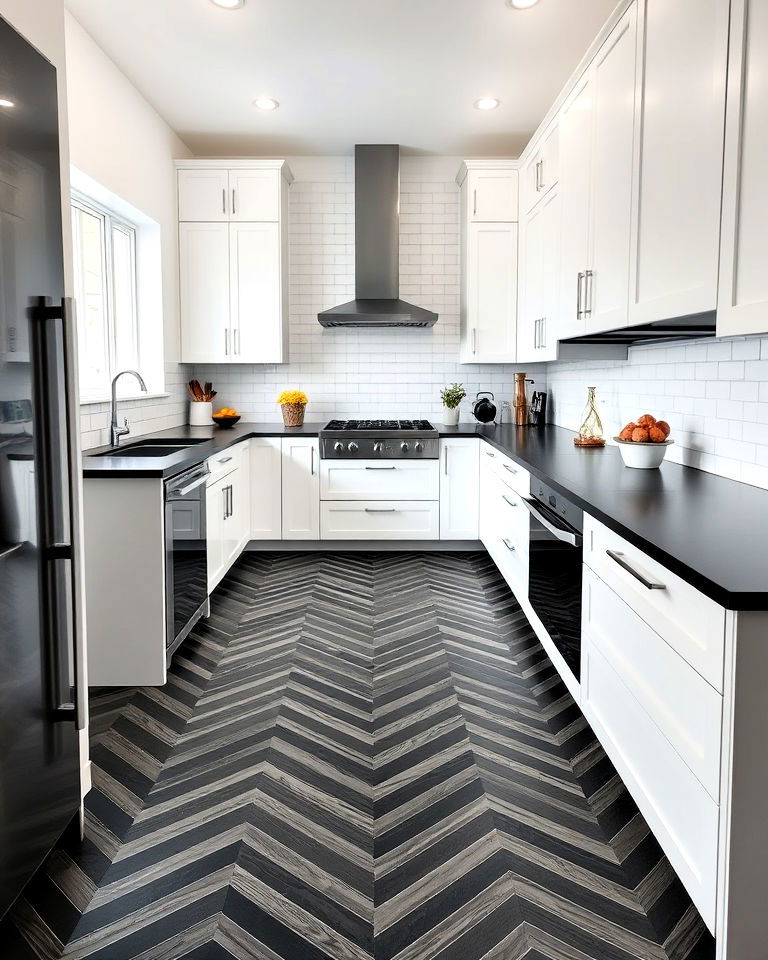 black chevron patterned tiled kitchen floor