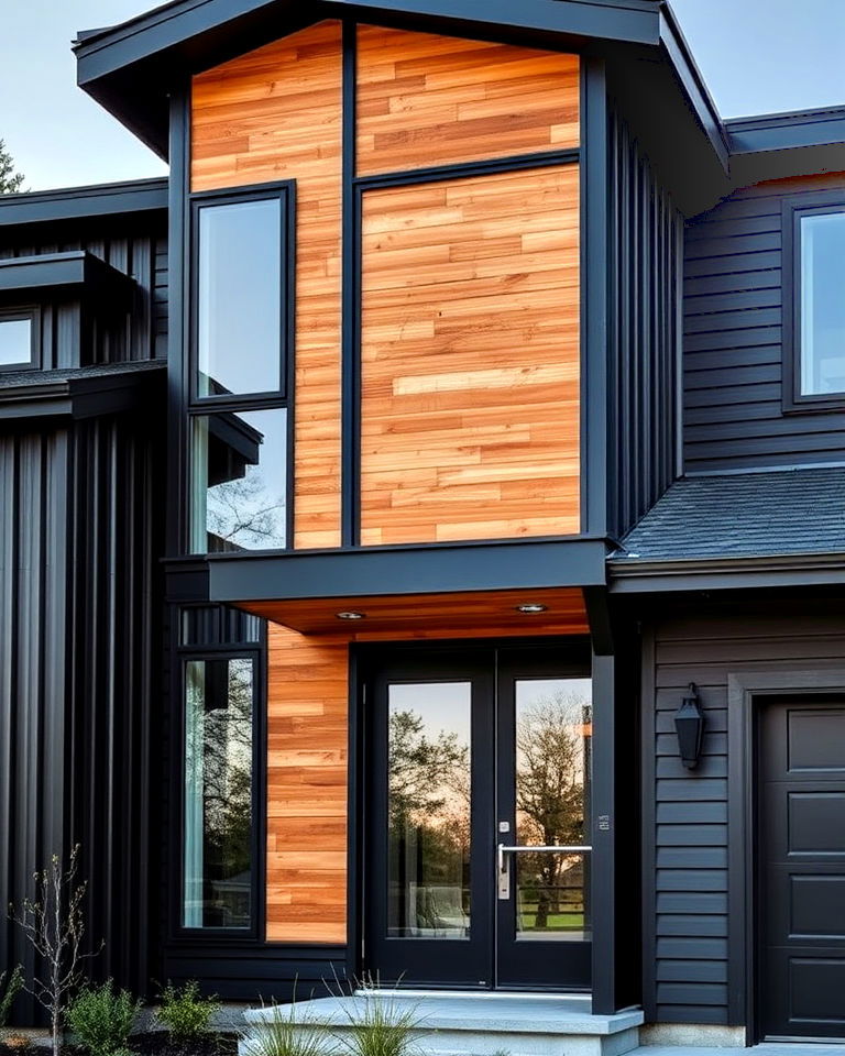 black corrugated metal and cedar accent walls