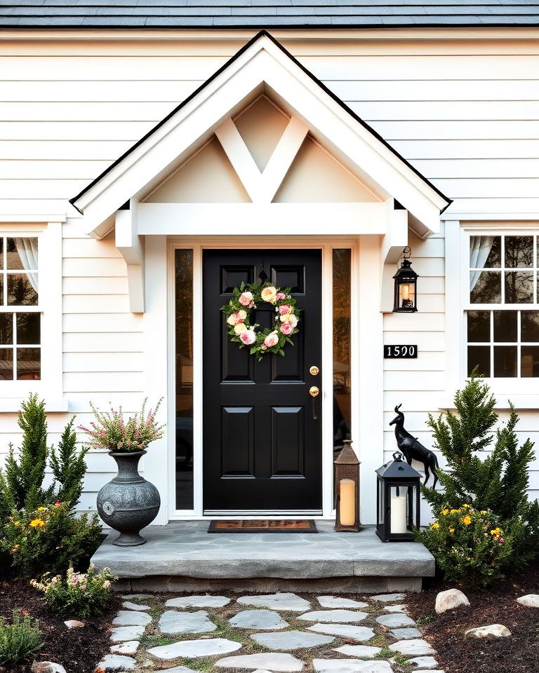 black door on a white cottage style home